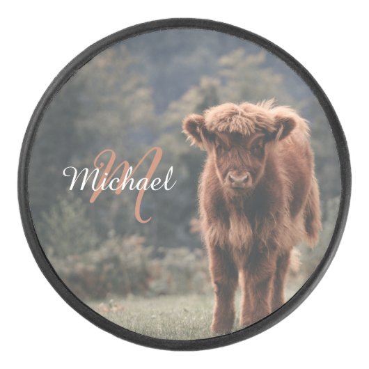 Highland koe kalf herfstgras monogram initiaal hockey puck (Voorkant)