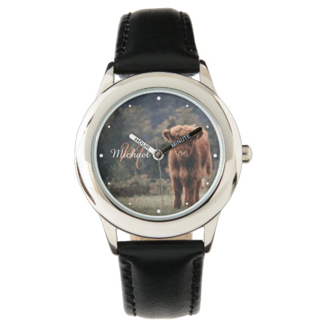 Highland koe kalf herfstgras monogram initiaal horloge (Voorkant)