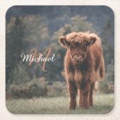 Highland koe kalf herfstgras monogram initiaal kartonnen onderzetters (Voorkant)