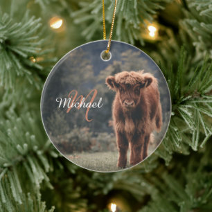 Highland koe kalf herfstgras monogram initiaal keramisch ornament