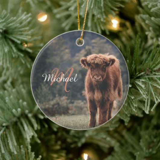 Highland koe kalf herfstgras monogram initiaal keramisch ornament (Boom)