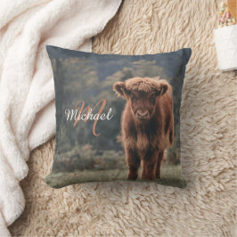 Highland koe kalf herfstgras monogram initiaal kussen