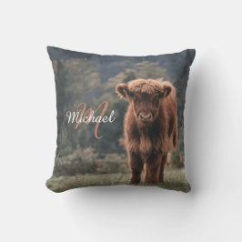 Highland koe kalf herfstgras monogram initiaal kussen