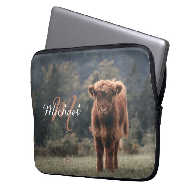 Highland koe kalf herfstgras monogram initiaal laptop sleeve (Voorkant Links)