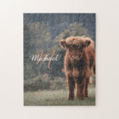 Highland koe kalf herfstgras monogram initiaal legpuzzel (Verticaal)