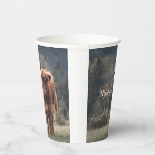 Highland koe kalf herfstgras monogram initiaal papieren bekers (Rechts)