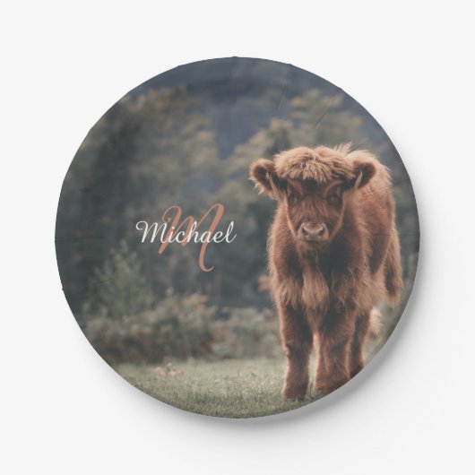 Highland koe kalf herfstgras monogram initiaal papieren bordje (Voorkant)