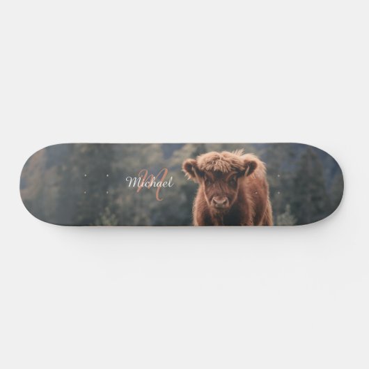 Highland koe kalf herfstgras monogram initiaal persoonlijk skateboard (Horizontaal)