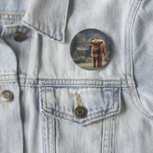 Highland koe kalf herfstgras monogram initiaal ronde button 5,7 cm