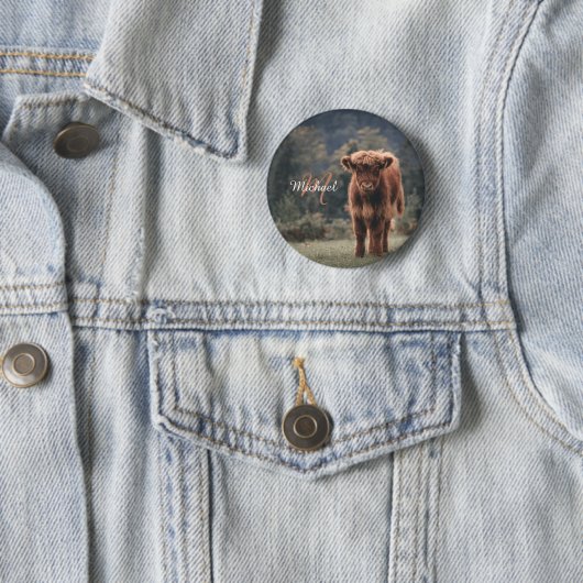 Highland koe kalf herfstgras monogram initiaal ronde button 5,7 cm (In situ)