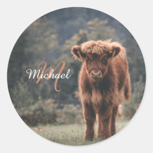 Highland koe kalf herfstgras monogram initiaal ronde sticker