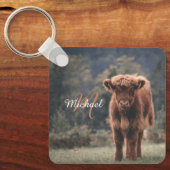Highland koe kalf herfstgras monogram initiaal sleutelhanger (Voorkant)