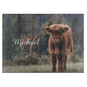 Highland koe kalf herfstgras monogram initiaal snijplank