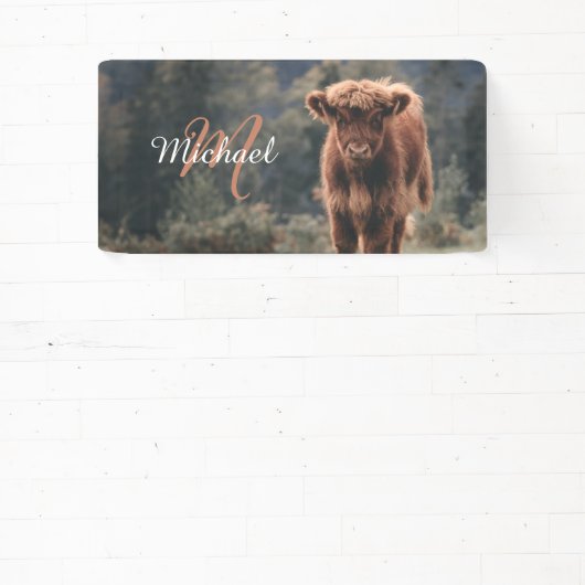 Highland koe kalf herfstgras monogram initiaal spandoek (Insitu)