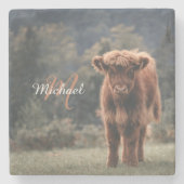 Highland koe kalf herfstgras monogram initiaal stenen onderzetter (Voorkant)