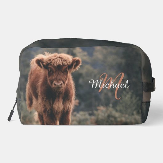 Highland koe kalf herfstgras monogram initiaal toilettasje (Achterkant)
