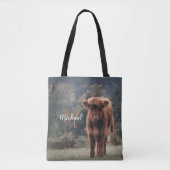 Highland koe kalf herfstgras monogram initiaal tote bag (Voorkant)