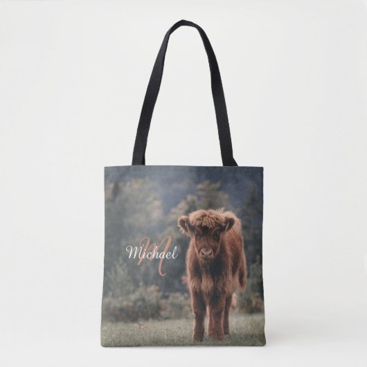 Highland koe kalf herfstgras monogram initiaal tote bag (Voorkant)