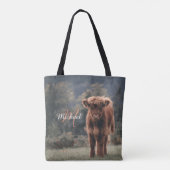 Highland koe kalf herfstgras monogram initiaal tote bag (Achterkant)