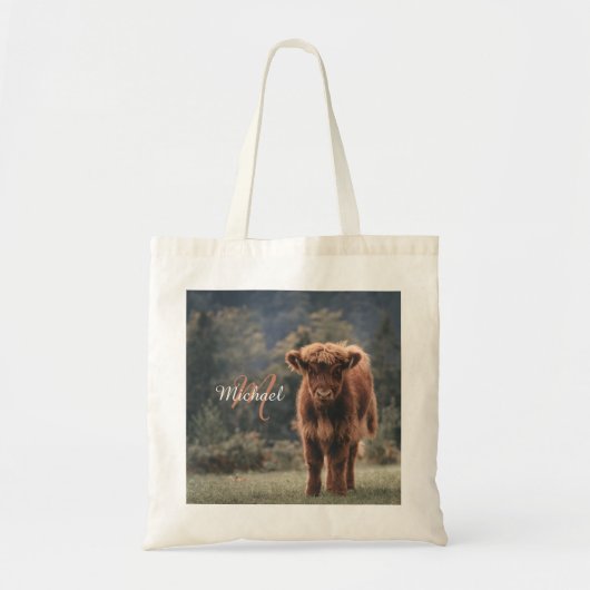 Highland koe kalf herfstgras monogram initiaal tote bag (Voorkant)