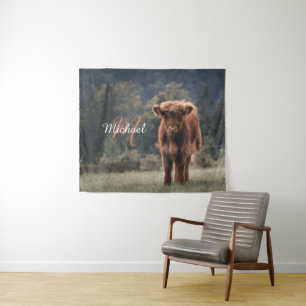 Highland koe kalf herfstgras monogram initiaal wandkleed