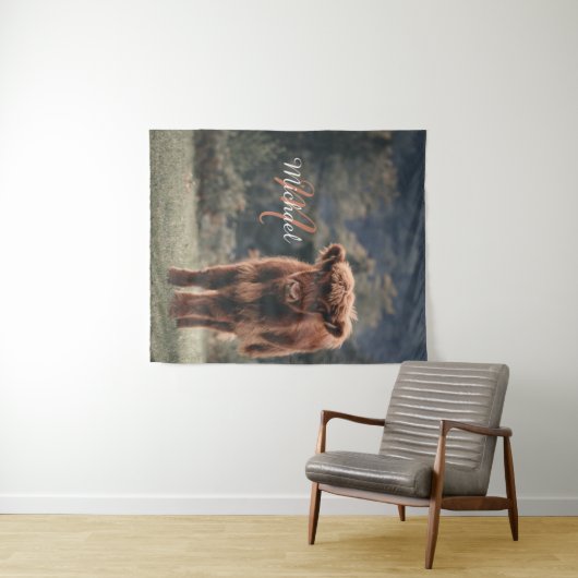 Highland koe kalf herfstgras monogram initiaal wandkleed (In Situ (horizontaal))