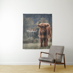 Highland koe kalf herfstgras monogram initiaal wandkleed