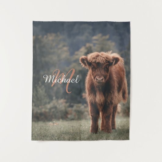 Highland koe kalf herfstgras monogram initiaal wandkleed (Voorkant)