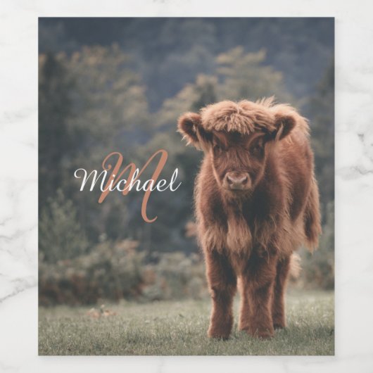 Highland koe kalf herfstgras monogram initiaal wijn etiket (Enkel label)