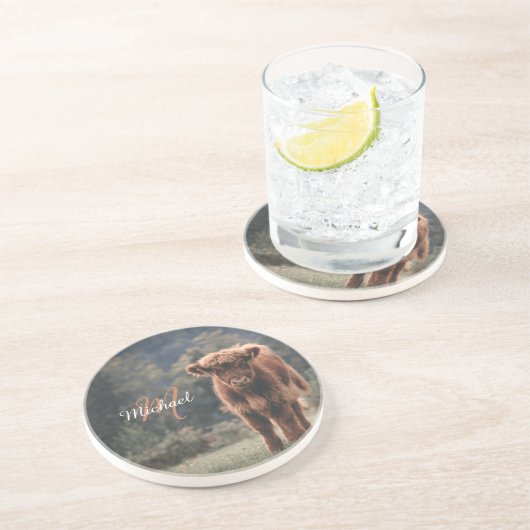 Highland koe kalf herfstgras monogram initiaal zandsteen onderzetter (Zijkant)