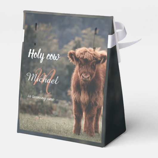 Highland koe kalf monogram eerste verjaardagsfeest bedankdoosjes (Achterkant)