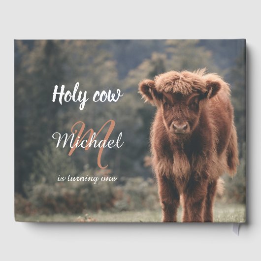 Highland koe kalf monogram eerste verjaardagsfeest gastenboek (Achterkant)