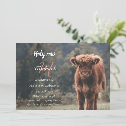 Highland koe kalf monogram eerste verjaardagsfeest kaart (Staand voorkant)