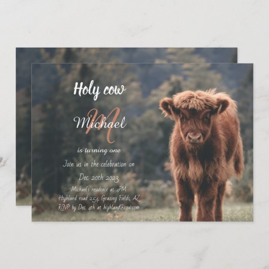 Highland koe kalf monogram eerste verjaardagsfeest kaart (Voorkant / Achterkant)