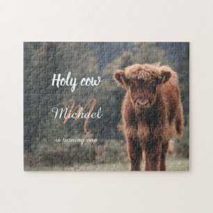 Highland koe kalf monogram eerste verjaardagsfeest legpuzzel