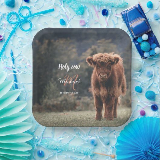 Highland koe kalf monogram eerste verjaardagsfeest papieren bordje (Feest)