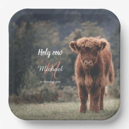 Highland koe kalf monogram eerste verjaardagsfeest papieren bordje (Voorkant)