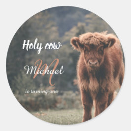 Highland koe kalf monogram eerste verjaardagsfeest ronde sticker
