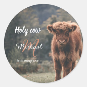 Highland koe kalf monogram eerste verjaardagsfeest ronde sticker