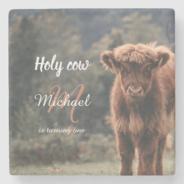 Highland koe kalf monogram eerste verjaardagsfeest stenen onderzetter