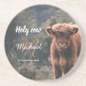 Highland koe kalf monogram eerste verjaardagsfeest zandsteen onderzetter (Voorkant)