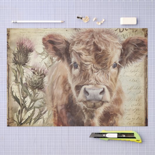 Highland Koe Kalf Schotland Thistle Waterverf Tissuepapier (Craft)