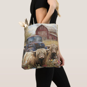 Highland Koe Kalf  Truck Rustic Red Barn Tote Bag