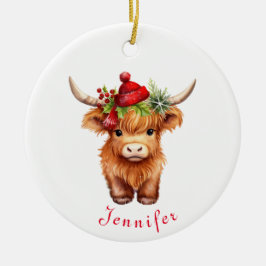 Highland Koe Kerstmis Santa Hat gepersonaliseerd Keramisch Ornament
