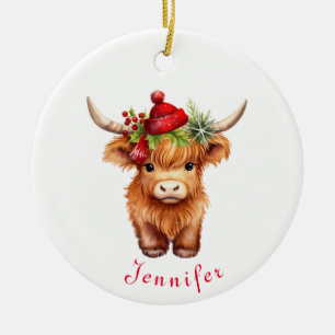 Highland Koe Kerstmis Santa Hat gepersonaliseerd Keramisch Ornament