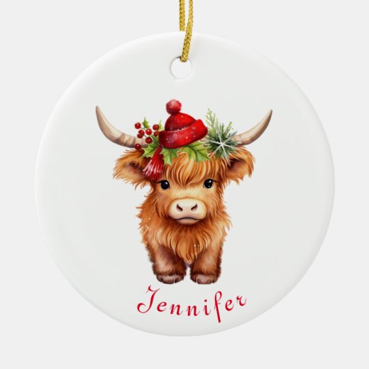 Highland Koe Kerstmis Santa Hat gepersonaliseerd Keramisch Ornament (Voorkant)