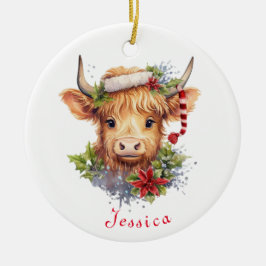 Highland Koe Kerstmis Santa Hat gepersonaliseerd Keramisch Ornament