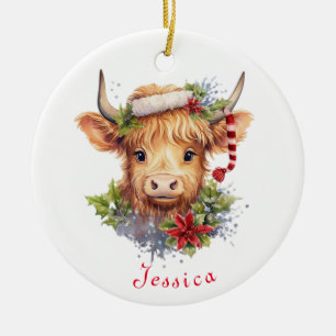 Highland Koe Kerstmis Santa Hat gepersonaliseerd Keramisch Ornament