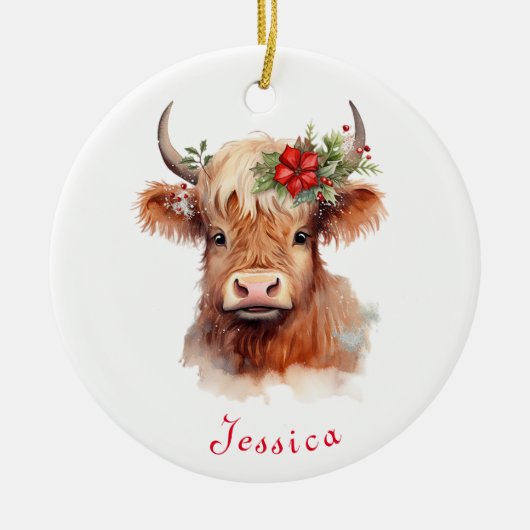 Highland Koe Kerstmis Santa Hat Gepersonaliseerde  Keramisch Ornament (Voorkant)