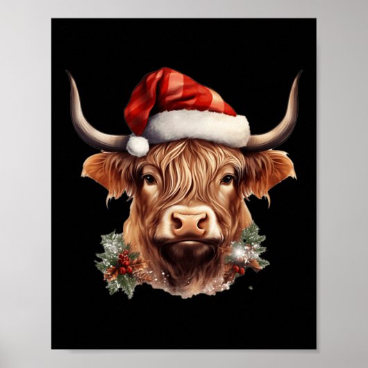 Highland Koe Kerstmiskerstmis Santa Woolly Boerder Poster (Voorkant)